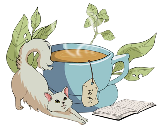 Dibujo de gato junto a una taza de té azul con hojas verdes y libro abierto