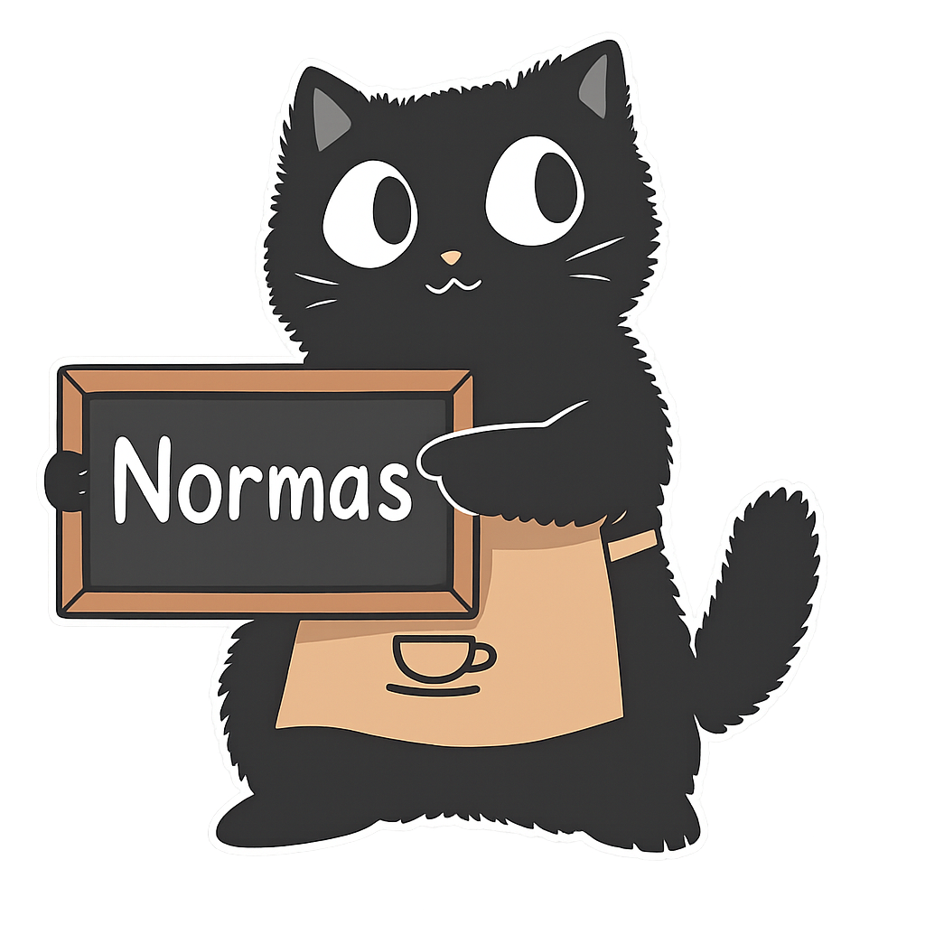 Ilustración de gato negro con delantal sosteniendo un cartel de normas