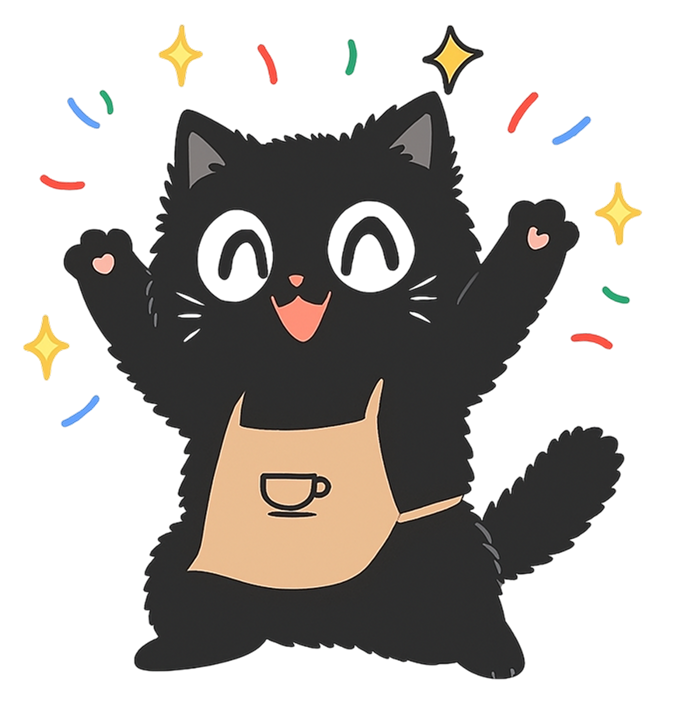 Dibujo de gato negro con delantal celebrando con confeti