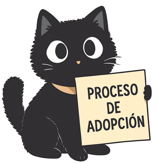 lustración de gato negro sosteniendo cartel con texto proceso de adopción